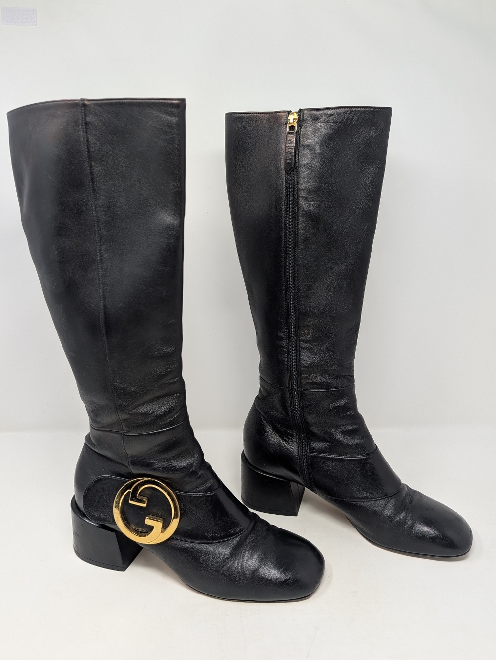 Gucci Blondie Tall Boots Black Leather GG Interlocking G Size 37
